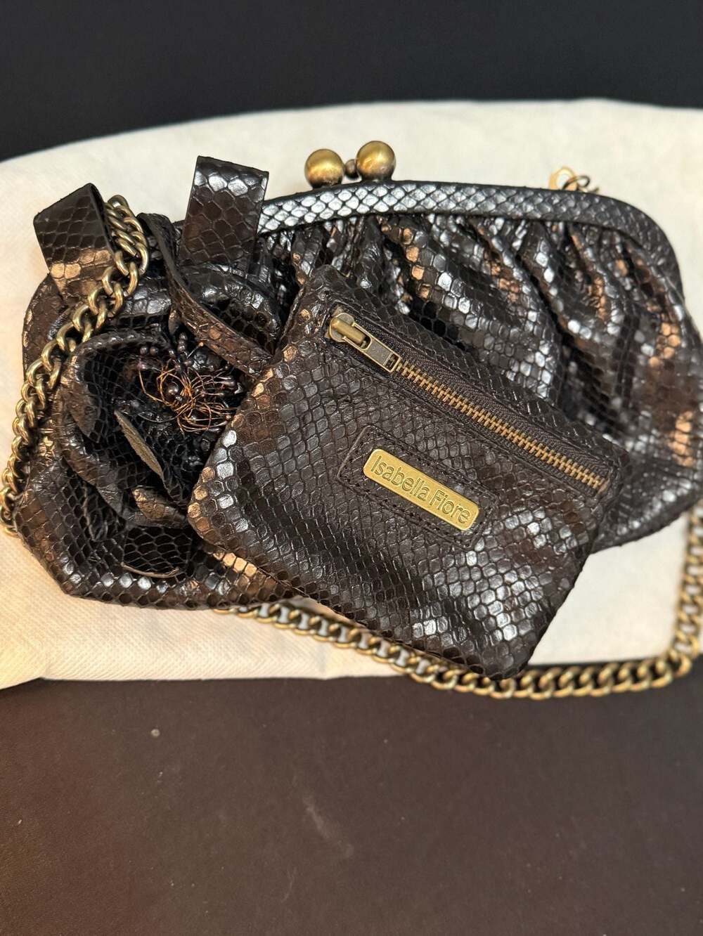 Isabella Fiore Black Snakeskin Embossed Leather Kisslock Clutch with Flower and